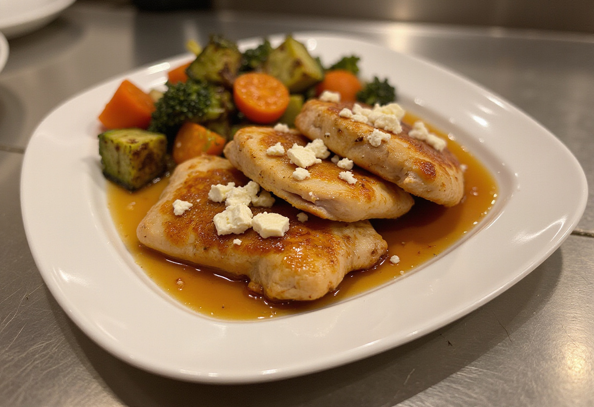 Gourmet presentation of hot honey feta chicken, a stunning dish ready to impress with vibrant colors and aromatic flavors.
