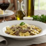 Indulgent Garlic Parmesan Bowtie Pasta with Creamy Beef presented elegantly, perfect for a satisfying meal.