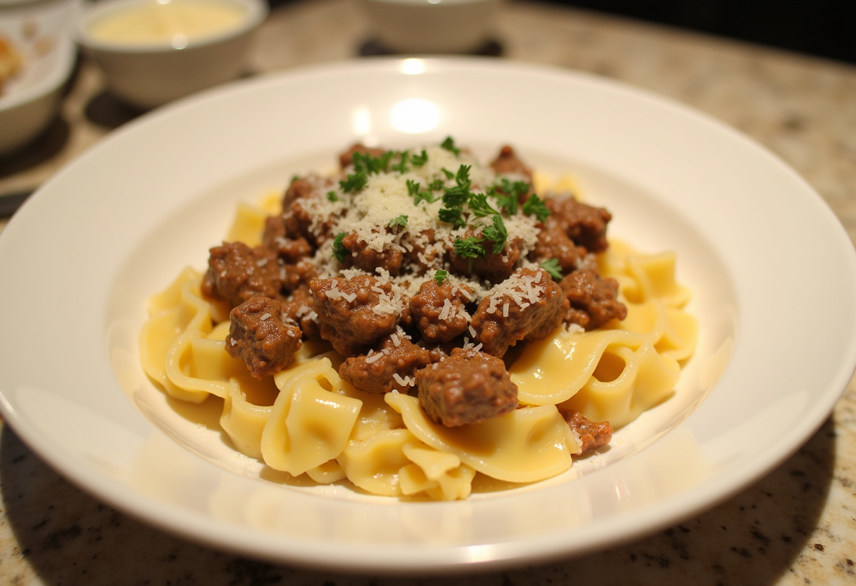 Indulgent Garlic Parmesan Bowtie Pasta with Creamy Beef presented elegantly, perfect for a satisfying meal.
