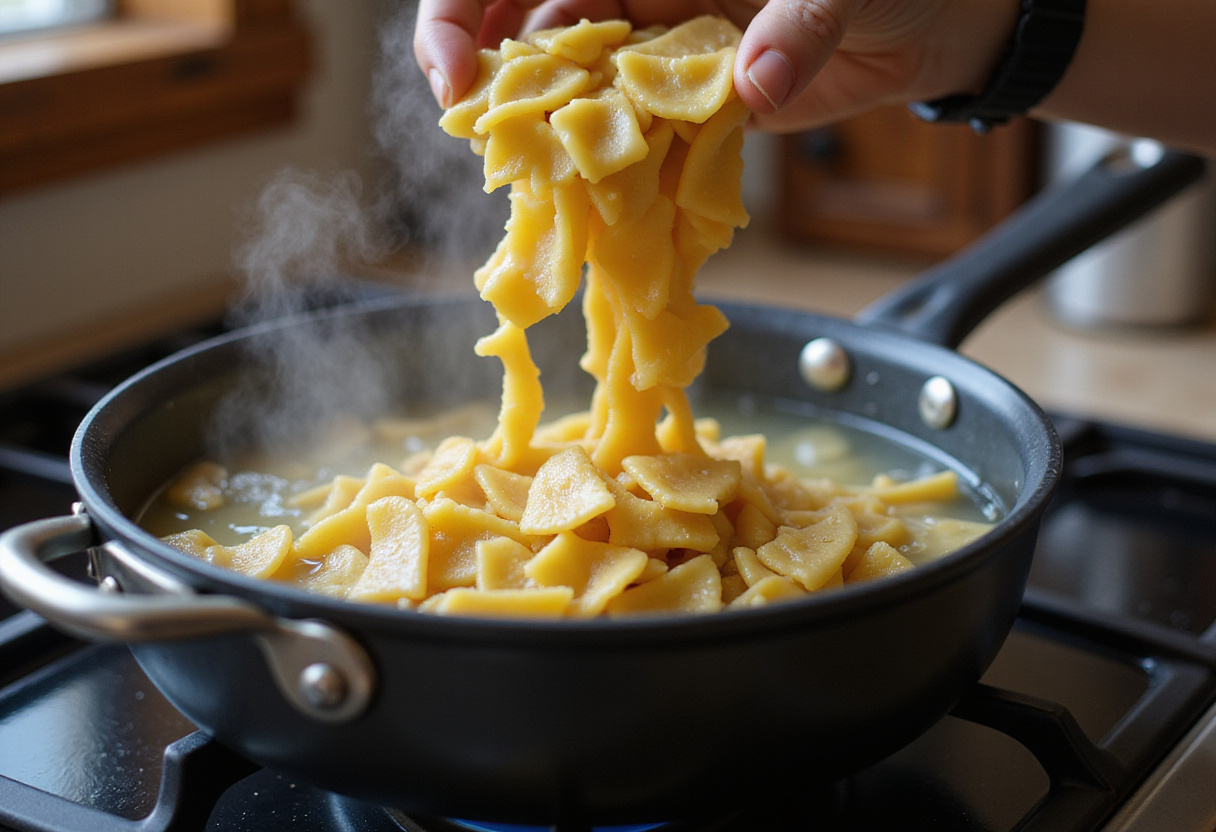 Indulgent Garlic Parmesan Bowtie Pasta preparation with bowtie pasta boiling in a pot, perfect for a creamy beef dish.