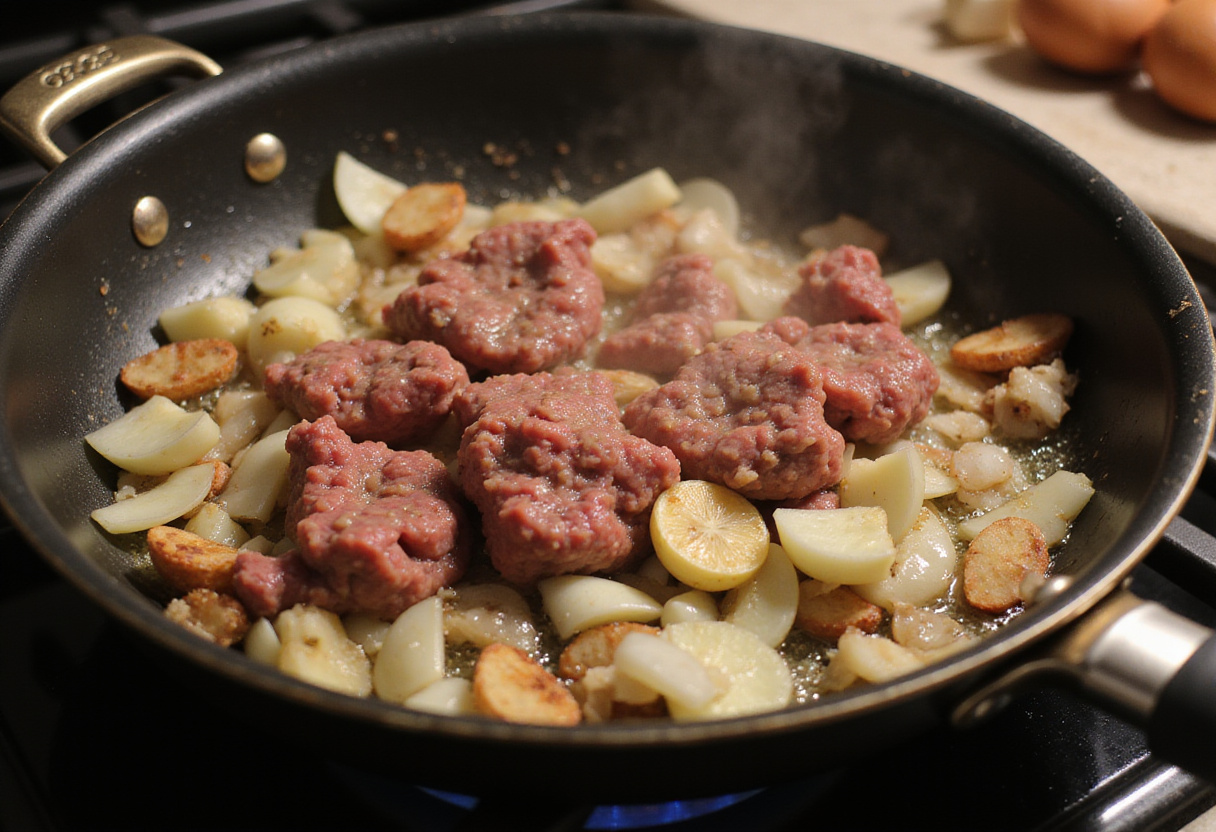 Frying ground beef with garlic and onions for savory Indulgent Garlic Parmesan Bowtie Pasta.