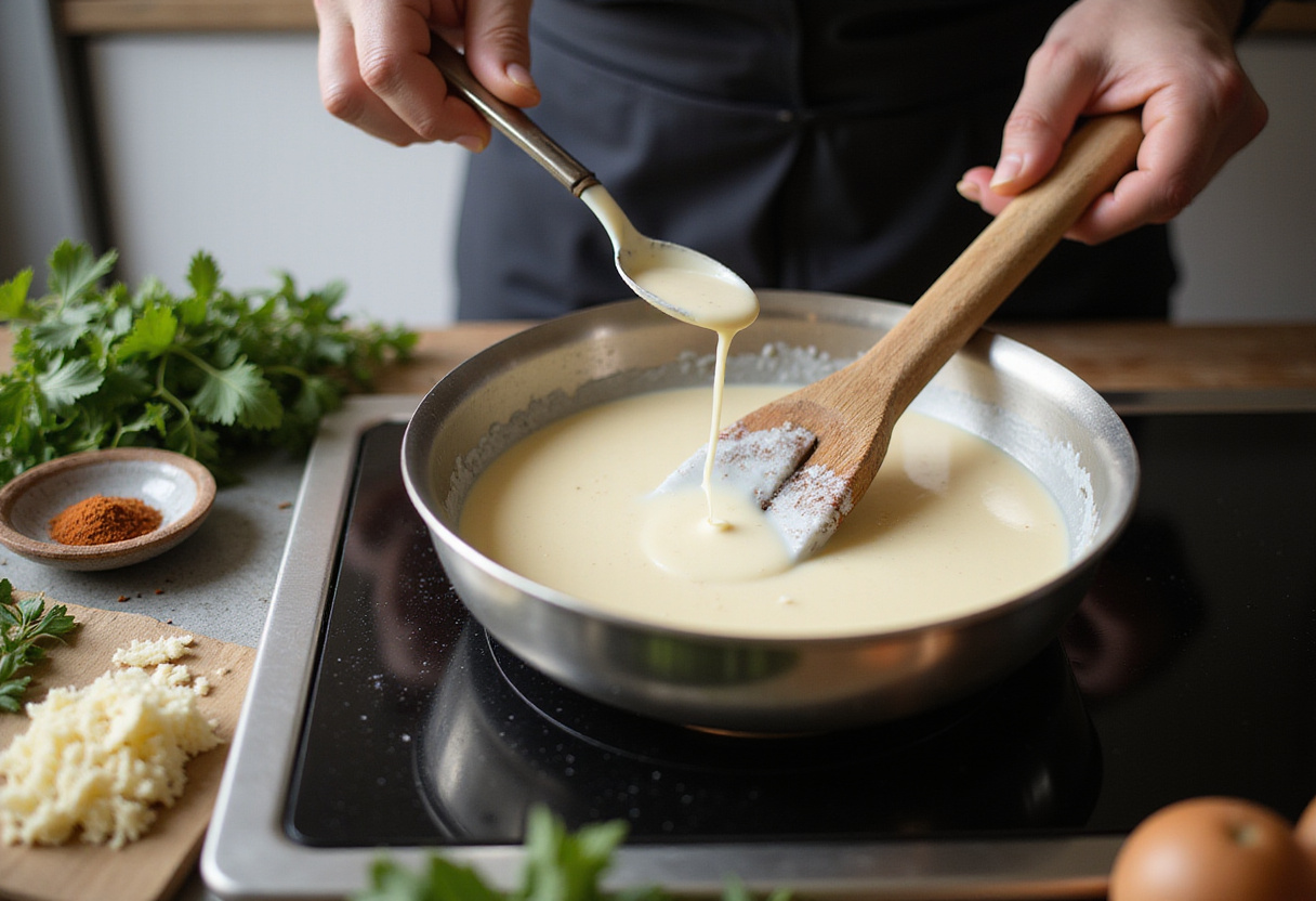 Making a creamy Parmesan sauce for Indulgent Garlic Parmesan Bowtie Pasta, ensuring a rich flavor.