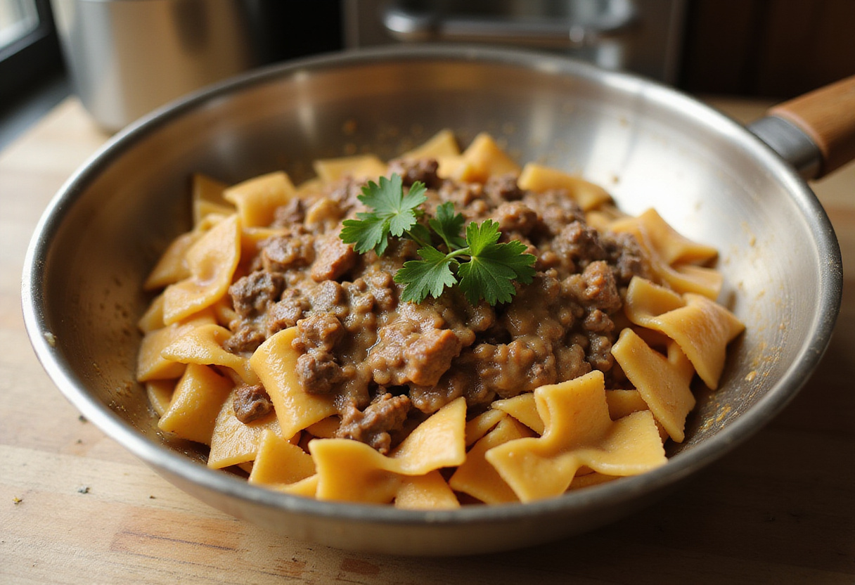 Combining bowtie pasta with creamy beef sauce for an Indulgent Garlic Parmesan dish, showcasing a delicious blend.