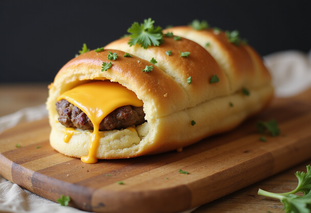 Irresistible Garlic Butter Cheeseburger Rollups served warm, highlighting the deliciously crispy exterior and the rich, melted cheese inside, perfect for any meal.