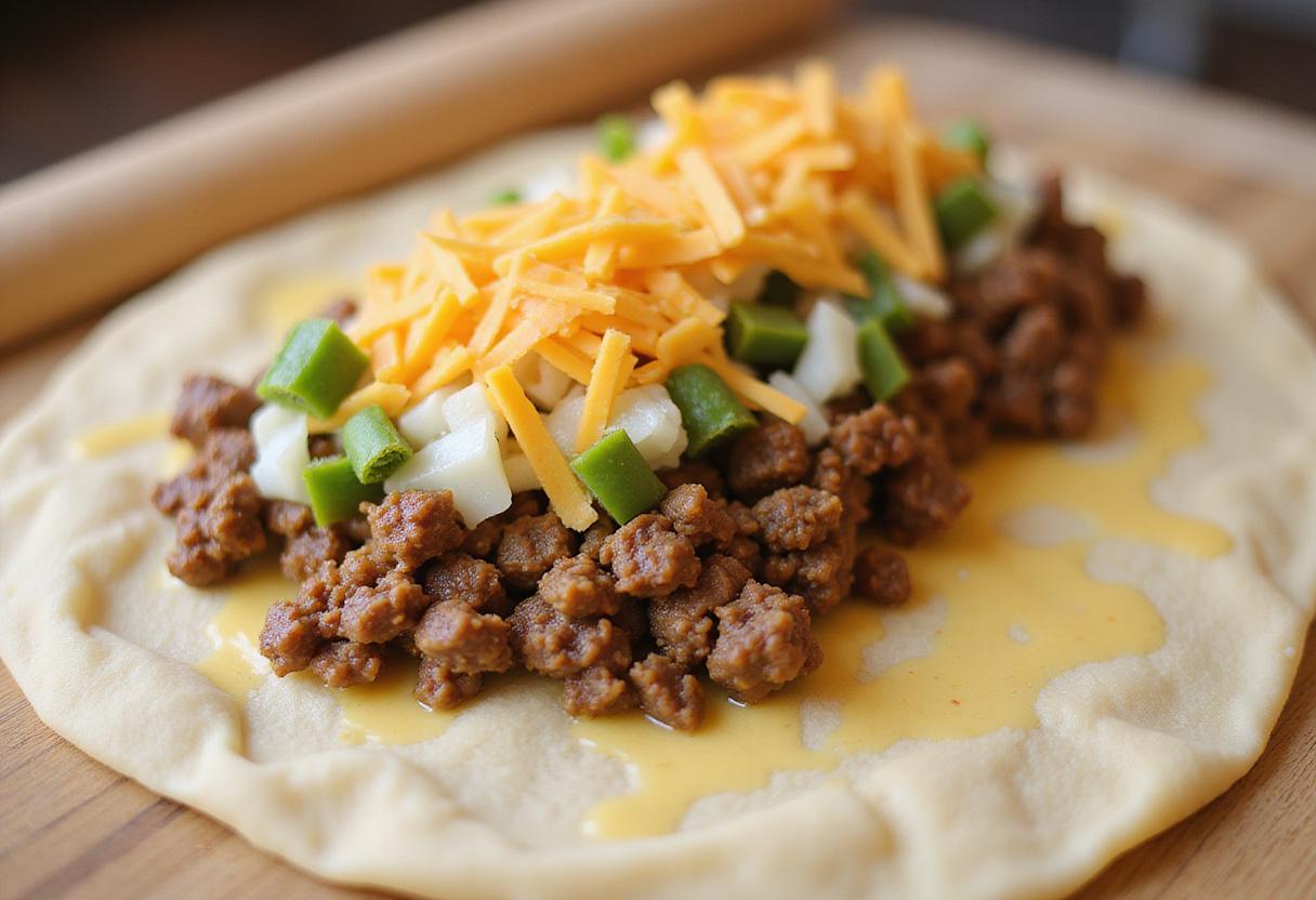 Filling for garlic butter cheeseburger rollups includes seasoned ground beef, melted cheese, and fresh onions for added flavor.