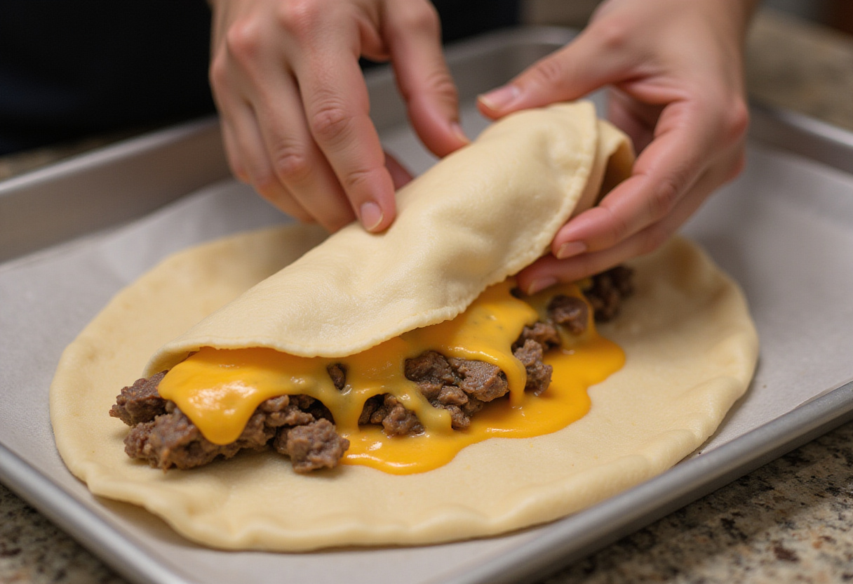 Preparing cheeseburger rollups for baking, showcasing the rolled dough on a baking sheet, filled with juicy beef and melted cheese.