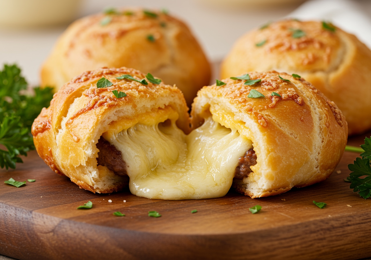 Irresistible Garlic Butter Cheeseburger Rollups served warm, highlighting the deliciously crispy exterior and the rich, melted cheese inside, perfect for any meal.