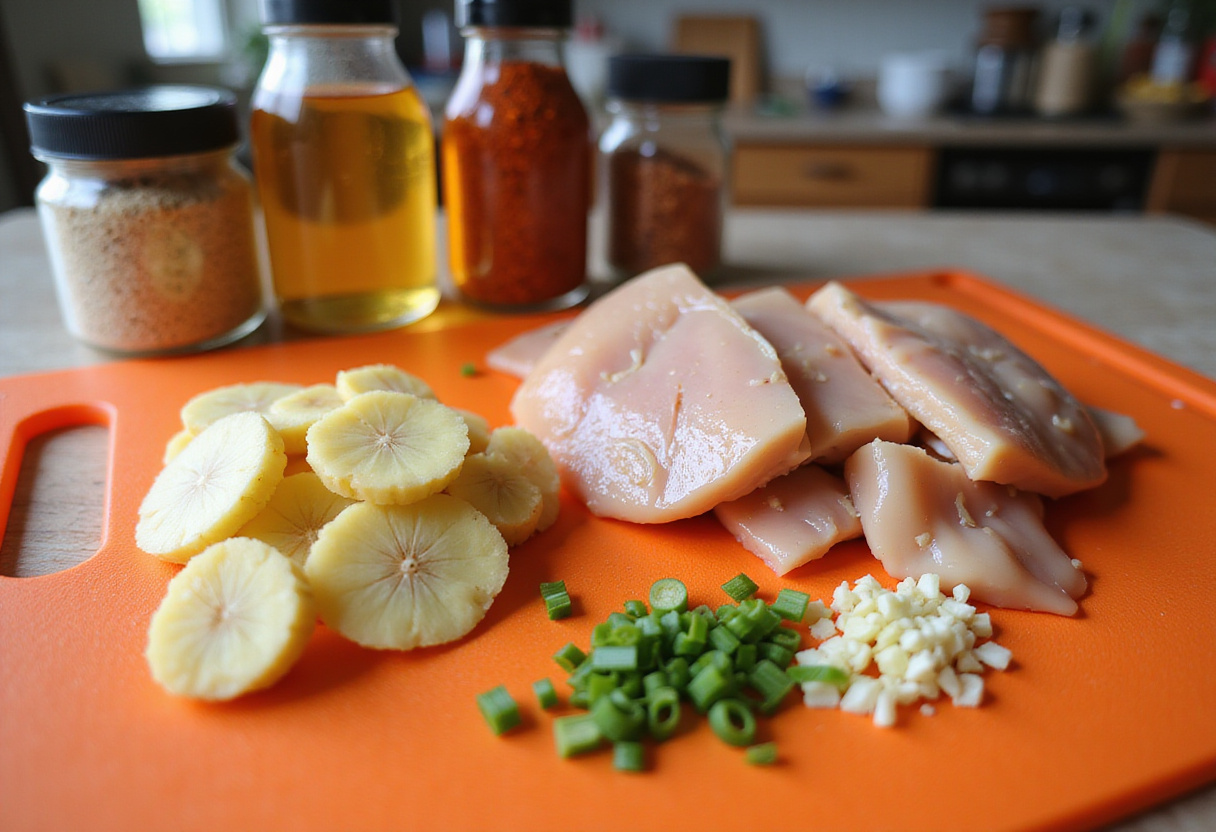 Irresistible Spicy Honey-Ginger Chicken Bowls with diced chicken, fresh ginger, and colorful spices in a preparation scene.