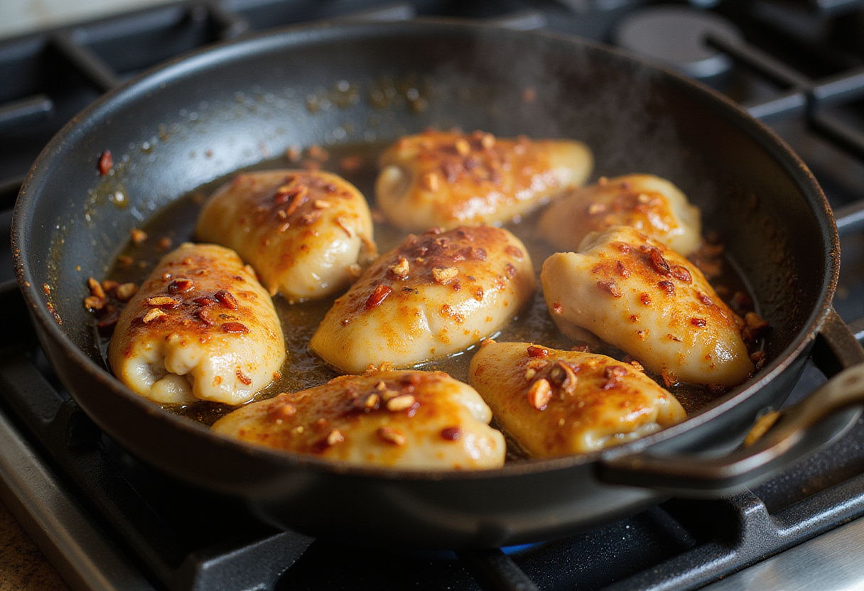 Irresistible Spicy Honey-Ginger Chicken being sautéed in a skillet, infused with honey and ginger flavors for a flavorful chicken bowl.