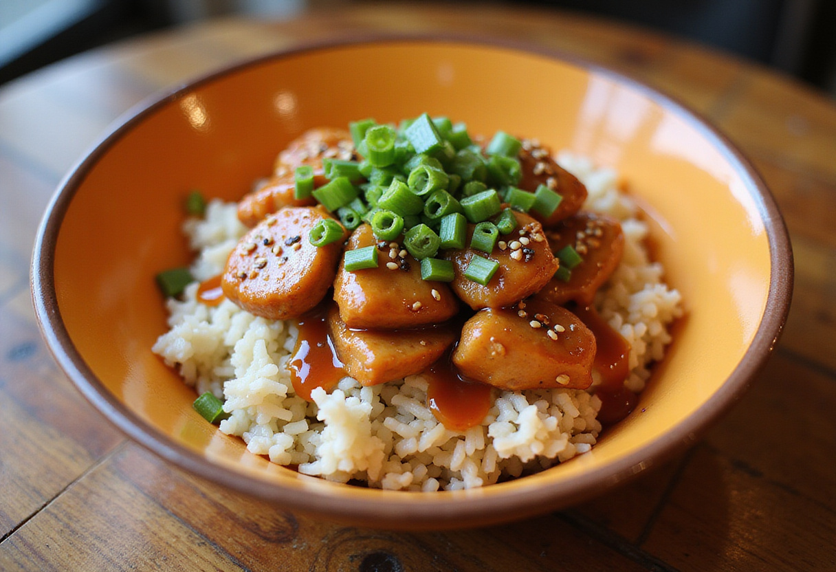 Delicious Irresistible Spicy Honey-Ginger Chicken Bowl with rice, yum yum sauce, and garnishes assembled for a tempting meal.