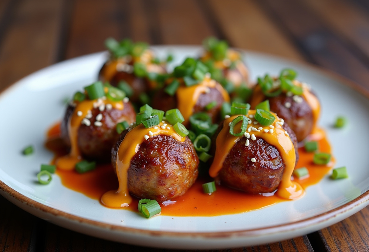 Final presentation of Korean BBQ Meatballs with Spicy Mayo Dip, artfully arranged and garnished, ready to serve and enjoy.