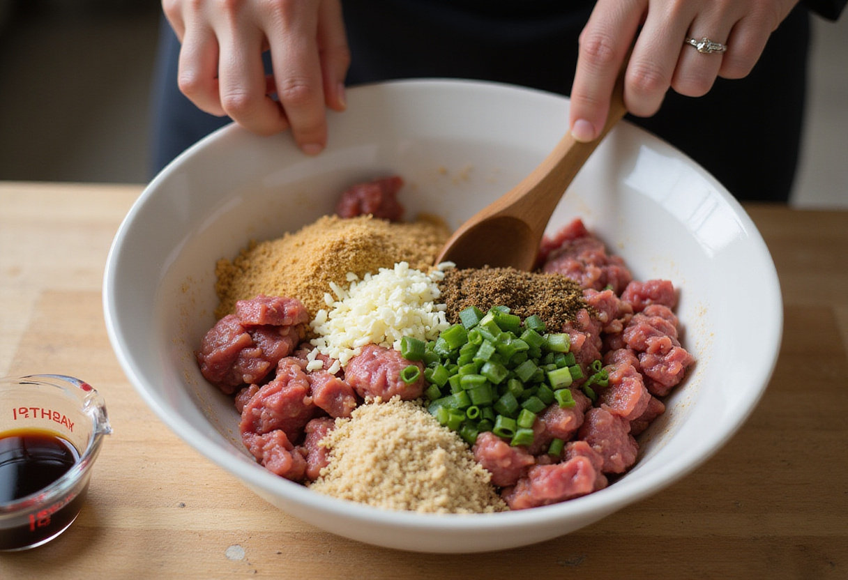 Preparation of Korean BBQ Meatballs, mixing ground beef, breadcrumbs, garlic, green onions, and sesame oil in a bowl for a flavorful dish.