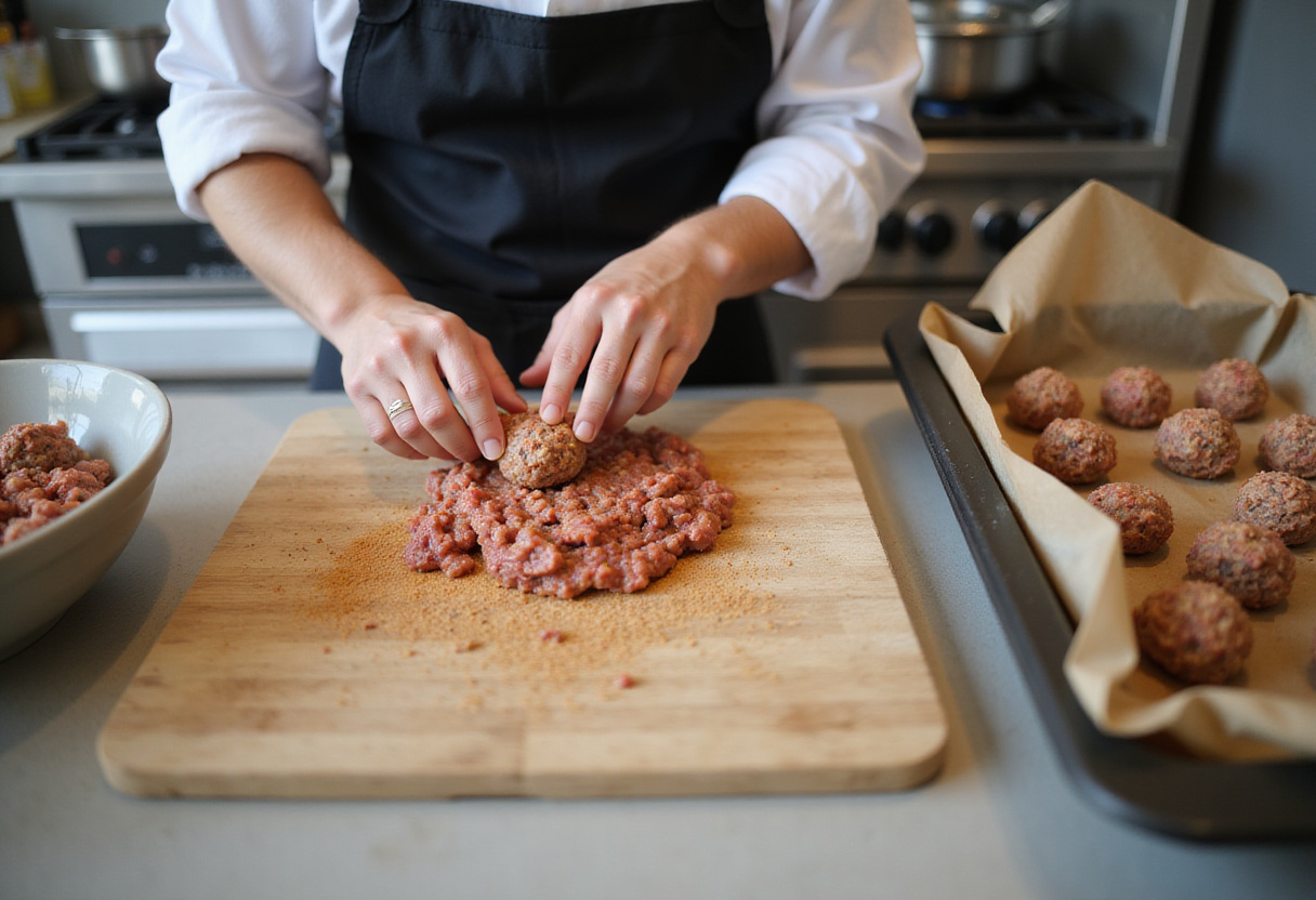 Shaping Korean BBQ Meatballs by a chef on a cutting board, creating perfectly round meatballs ready for grilling or baking.