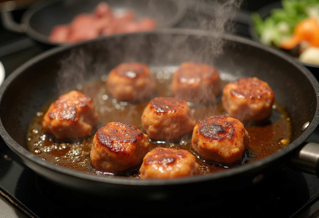 Cooking Korean BBQ Meatballs in a skillet, sizzling and browning to perfection, showcasing a delicious aroma and flavor.