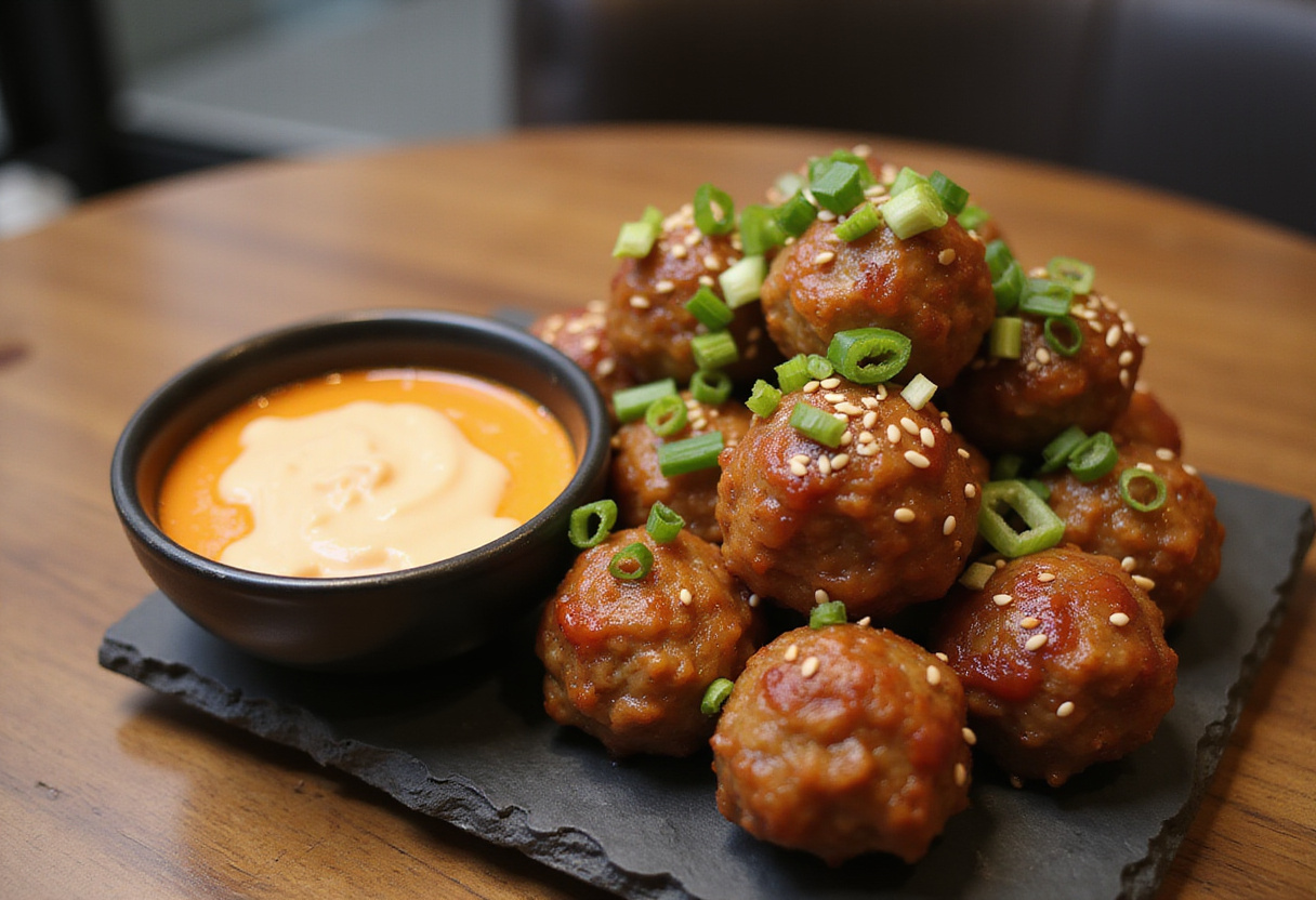 Serving of Korean BBQ Meatballs accompanied by a spicy mayo dip, garnished and ready to enjoy, highlighting a delightful combination of flavors.