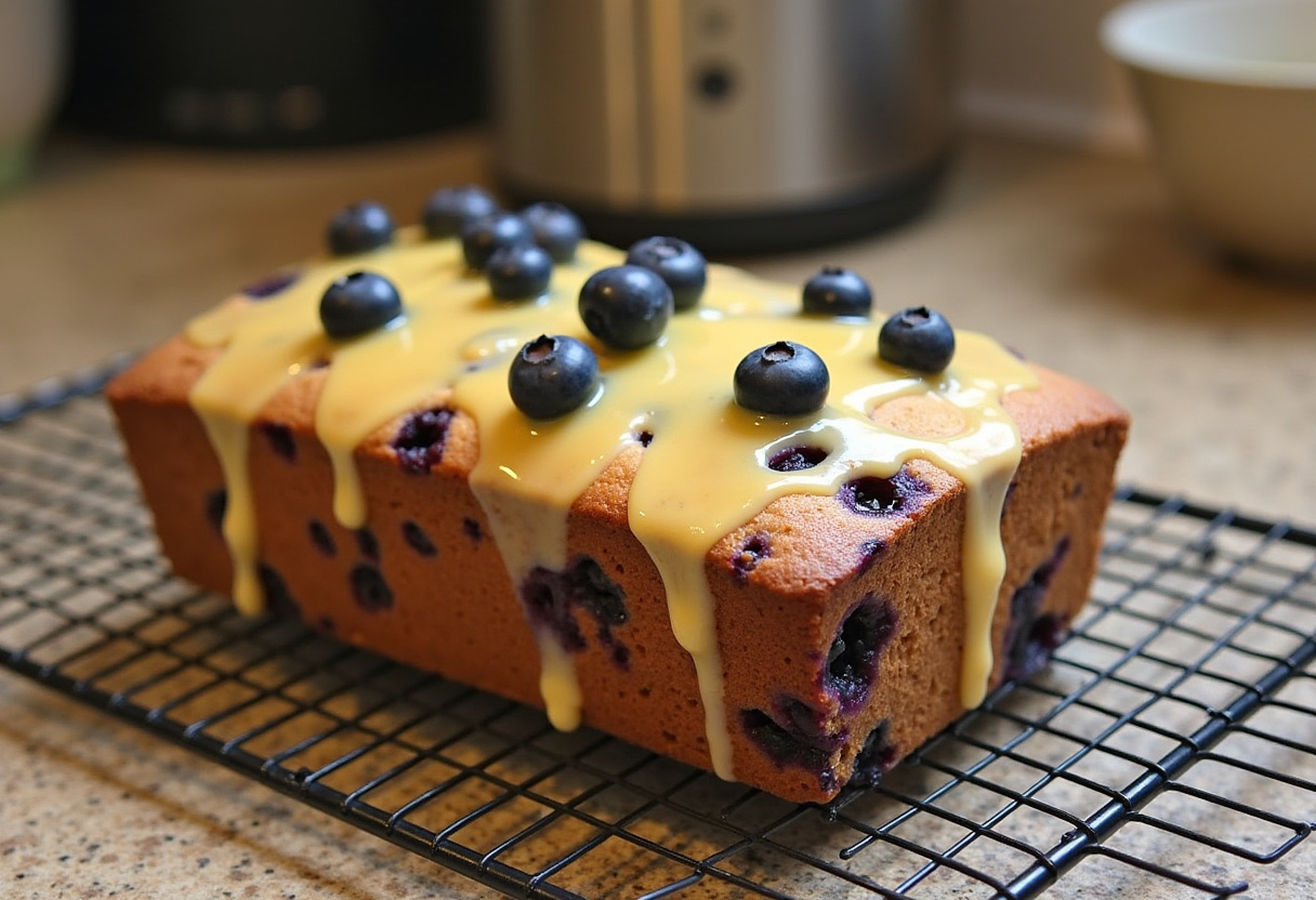 Final result of Lemon Blueberry Yogurt Loaf: A beautifully baked loaf drizzled with glaze and adorned with fresh blueberries, ready to be enjoyed.