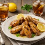 Final presentation of delicious Lemon Pepper Wings with honey, elegantly plated and garnished, perfect for serving.