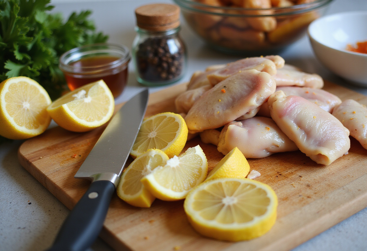 Cutting fresh lemons for Lemon Pepper Wings marinade with honey, showcasing vibrant citrus and spices.