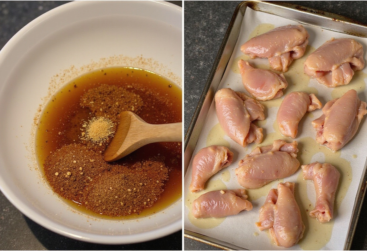 Preparing the marinade for Lemon Pepper Wings with honey, blending spices, honey, and chicken wings for flavor.