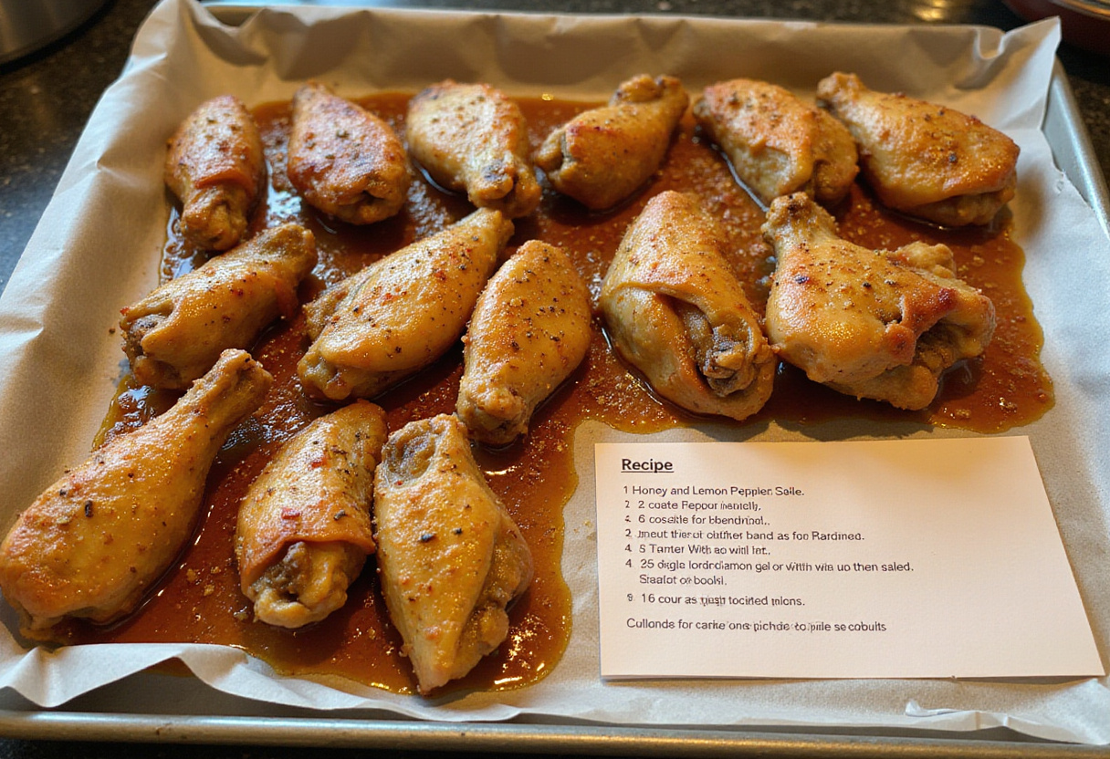 Marinated Lemon Pepper Wings resting on a baking tray, ready for baking, highlighting the delicious flavors and preparation stages.