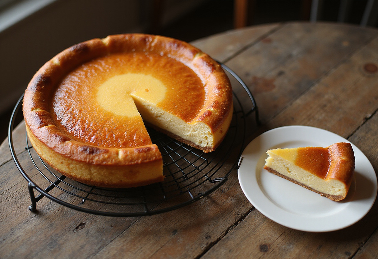 Deliciously baked Basque cheesecake loaf on a wooden table, perfect for dessert lovers, creamy cheesecake recipe.