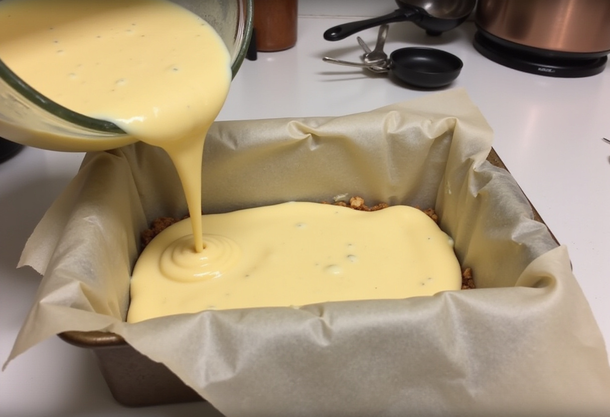Pouring cheesecake batter into a loaf pan for Basque cheesecake, creamy dessert preparation, easy baking techniques.