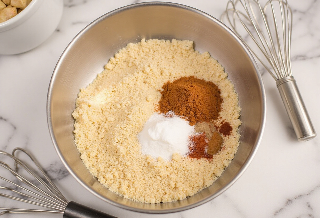 Preparing seasoned breadcrumbs mixture for Magic Crispy Baked Shrimp, featuring garlic powder and spices for flavor enhancement.