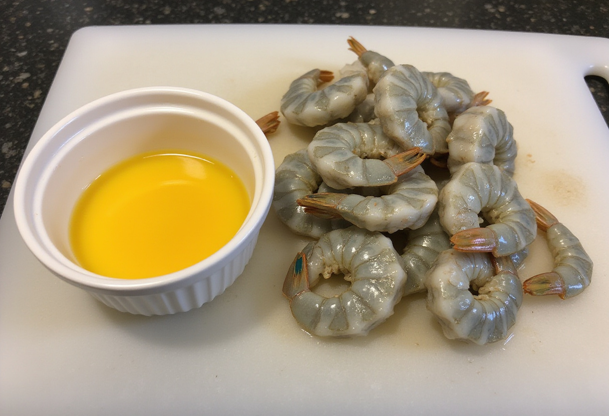 Fresh shrimp on a cutting board for Magic Crispy Baked Shrimp recipe, with a bowl of beaten eggs for coating preparation.