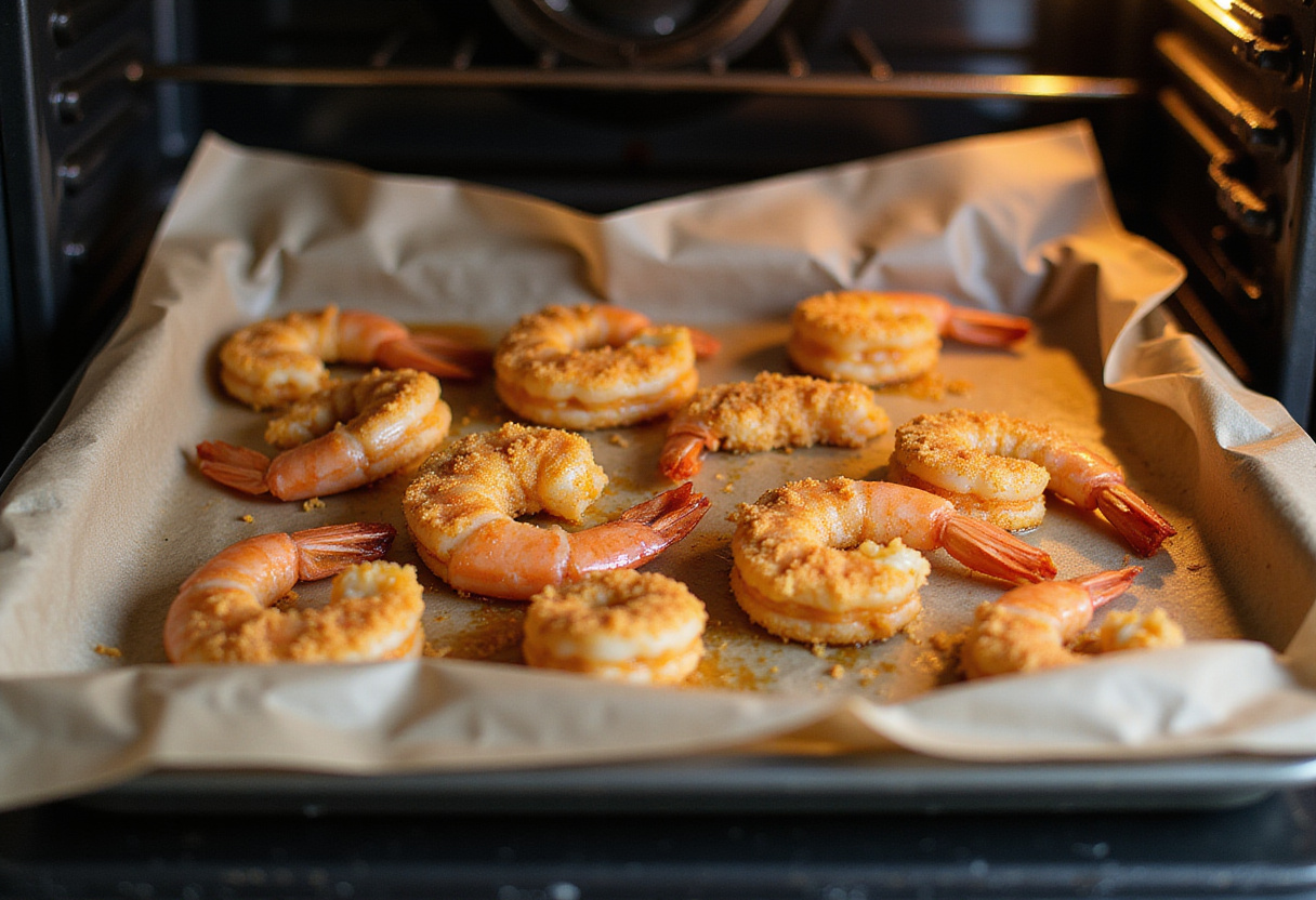 Breading shrimp on a baking tray for crispy texture in Magic Crispy Baked Shrimp, preparing for baking in the oven.