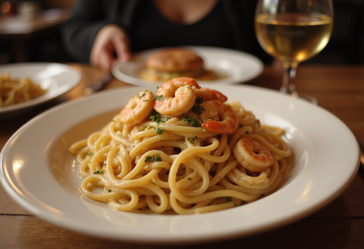 Final presentation of Marry Me Shrimp Pasta, showcasing a creamy and garlicky dish artfully arranged on a table for an enchanting dining experience.