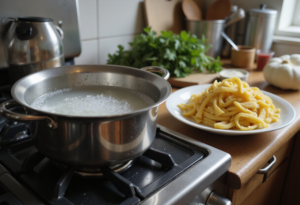 Preparing to cook Marry Me Shrimp Pasta by boiling fresh pasta in a pot, featuring garlic and herbs in a cozy kitchen setting.