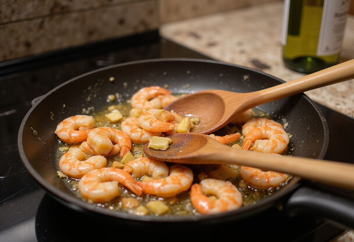 Cooking succulent shrimp with garlic in a pan for Marry Me Shrimp Pasta in a delicious kitchen environment, featuring wine in the background.
