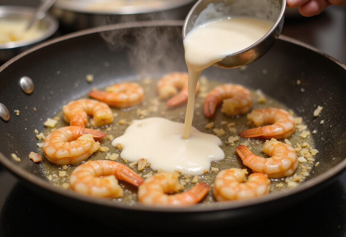 Creating a creamy sauce for Marry Me Shrimp Pasta with shrimp and garlic, highlighting the velvety texture and warmth of the cooking process.