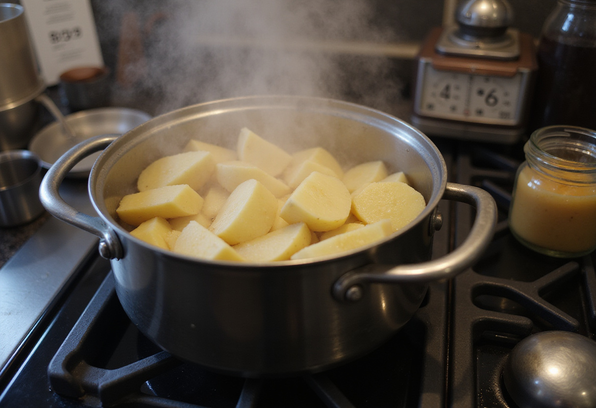 Boiled potatoes being mashed for Mashed Potato Cheese Puffs, showcasing a creamy texture preparation.