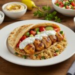 Final presentation of Mediterranean Chicken Gyros with creamy feta tzatziki, served on a rustic wooden table with colorful side dishes.