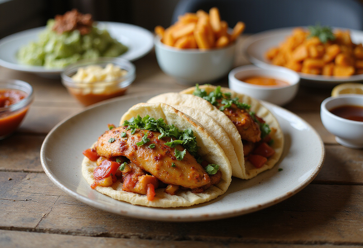 Final presentation of Mediterranean Chicken Gyros with creamy feta tzatziki, served on a rustic wooden table with colorful side dishes.
