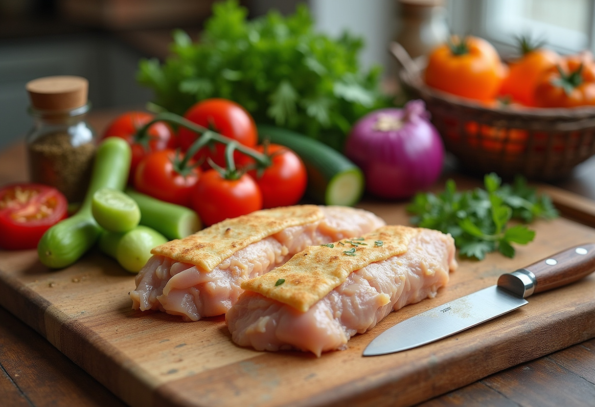 Fresh ingredients for Mediterranean Chicken Gyros including chicken, tomatoes, cucumber, and herbs on a wooden countertop.