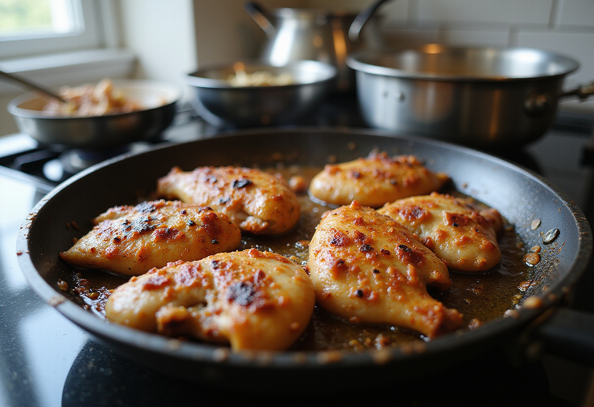 Marinated chicken pieces sizzling in a frying pan for Mediterranean Chicken Gyros, with a bright kitchen ambiance.