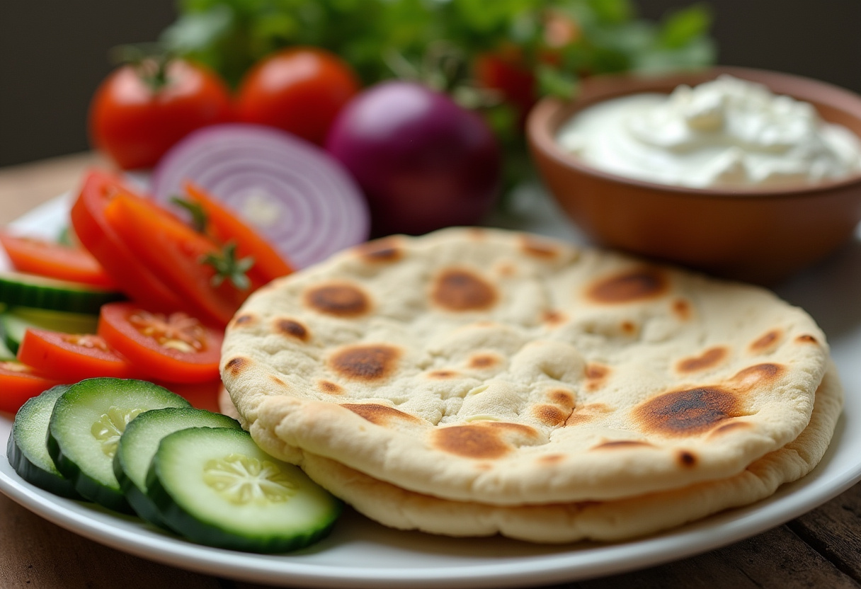 Assembling Mediterranean Chicken Gyros with pita bread, creamy feta tzatziki sauce, and fresh vegetables in a bright kitchen.