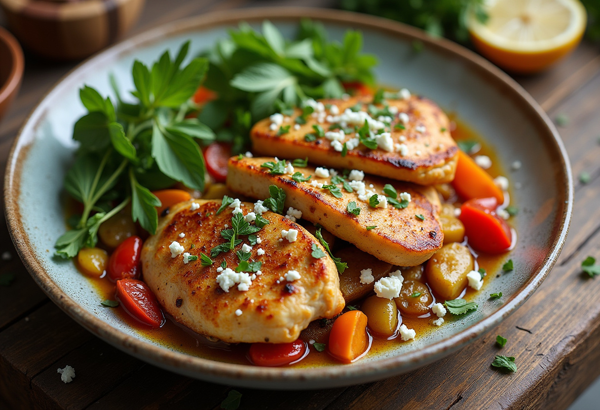 Final presentation of Mediterranean chicken skillet dish, garnished with herbs and feta, ready to serve.