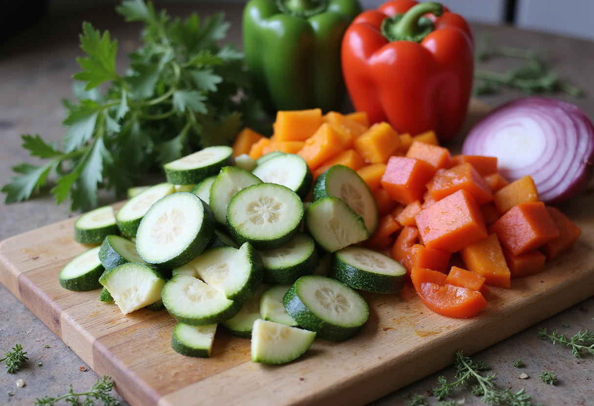 Chopped vegetables for Mediterranean chicken skillet with fresh herbs on a wooden cutting board.