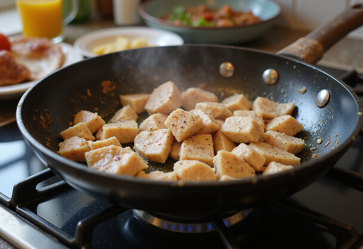 Diced chicken breast cooking in a skillet for Mediterranean chicken skillet recipe, with spices sprinkled on top.
