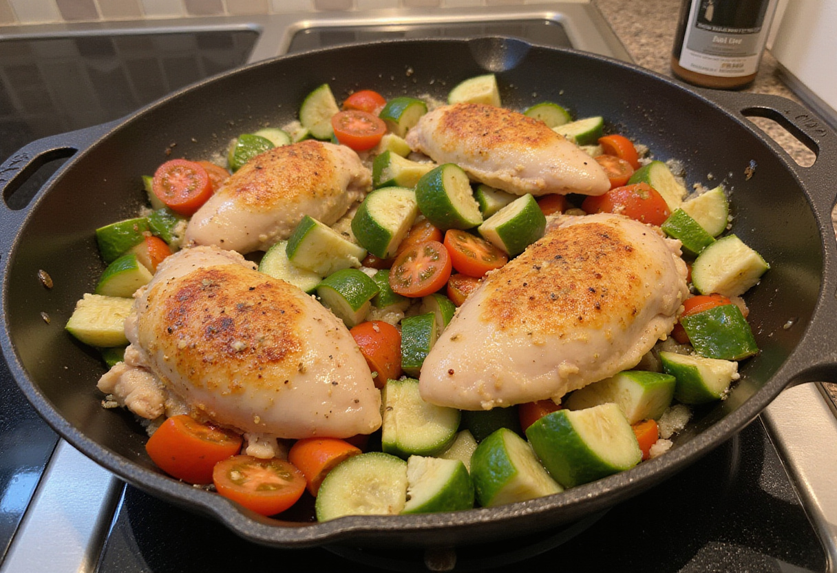 Adding fresh vegetables to chicken in a skillet for Mediterranean chicken dish, showcasing vibrant colors and textures.