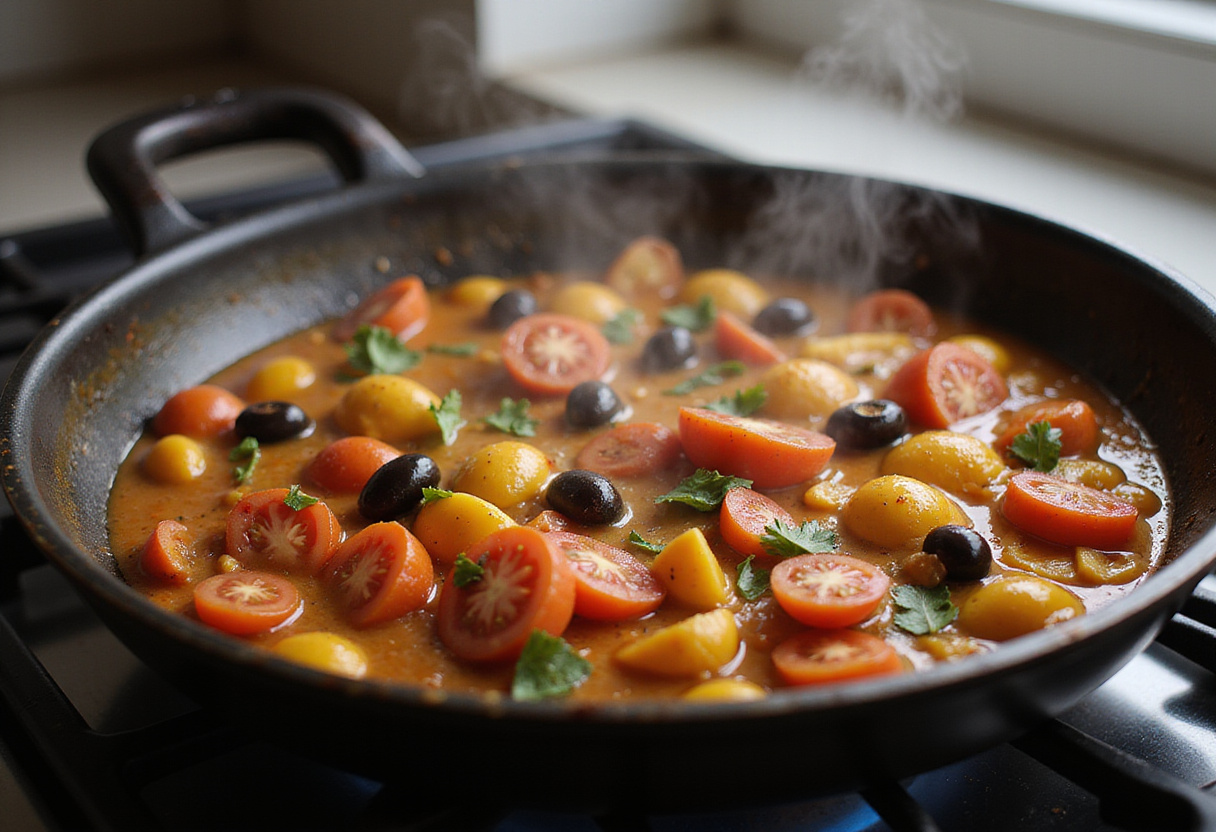 Simmering Mediterranean chicken skillet with tomatoes and olives, capturing an aromatic cooking scene.
