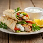 Mediterranean Chicken Wraps served with tzatziki sauce and lemon, showcasing vibrant colors and delightful presentation.
