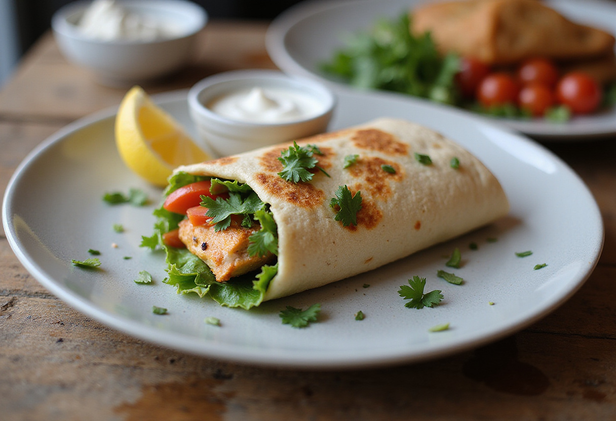 Mediterranean Chicken Wraps served with tzatziki sauce and lemon, showcasing vibrant colors and delightful presentation.