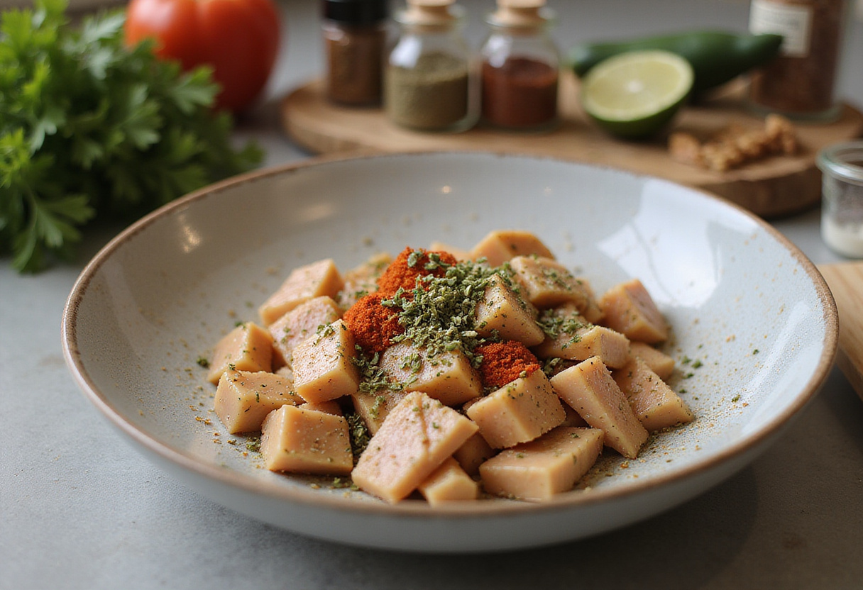 Mediterranean Chicken Wraps - a bowl of seasoned diced chicken with herbs like oregano and thyme, perfect for wraps.