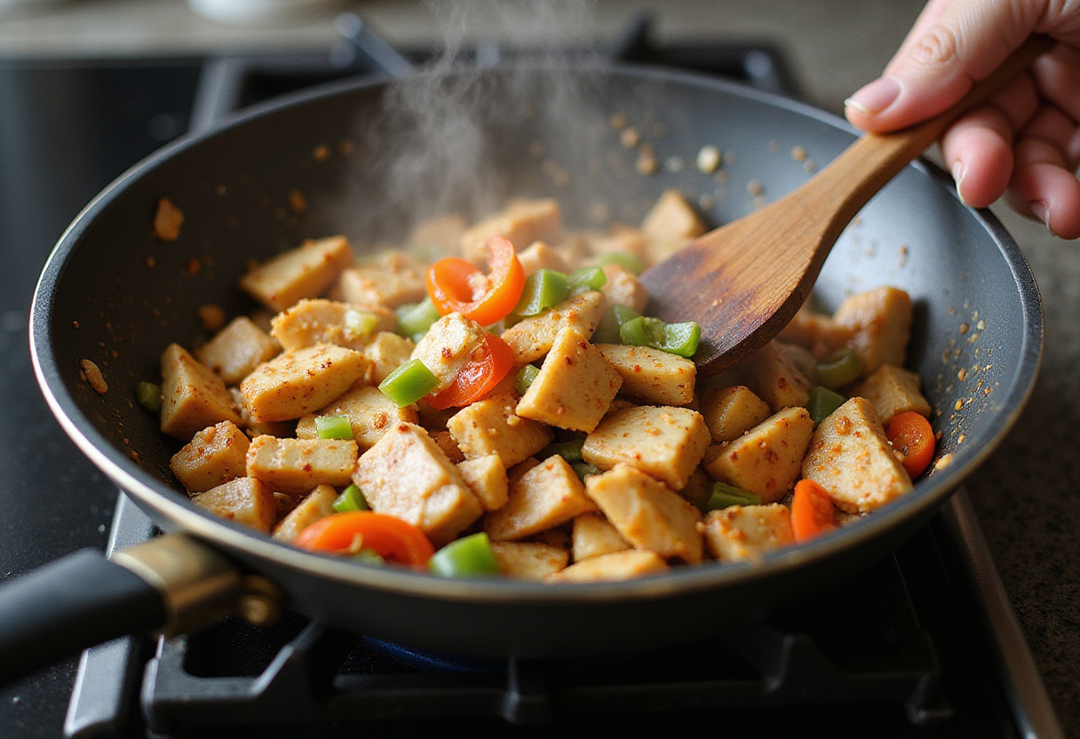Cooking diced chicken with bell peppers and onions in a skillet for Mediterranean Chicken Wraps, creating a flavorful filling.
