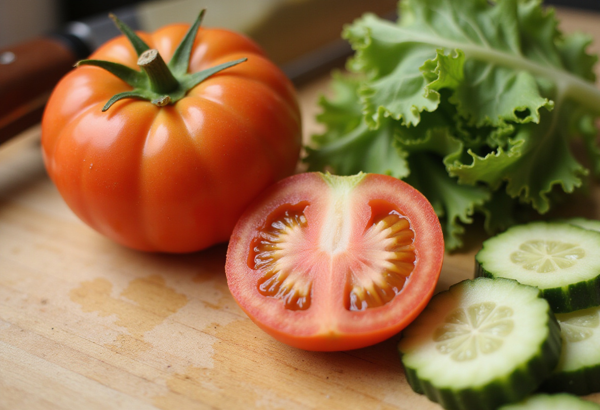 Preparing fresh vegetables like tomatoes, cucumbers, and lettuce for Mediterranean Chicken Wraps, adding freshness and crunch.