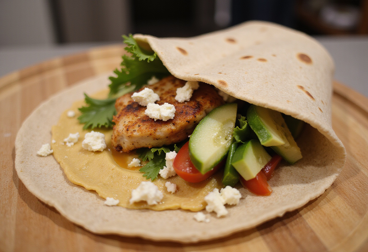 Assembling Mediterranean Chicken Wraps with hummus, seasoned chicken, and fresh vegetables in a whole wheat wrap.